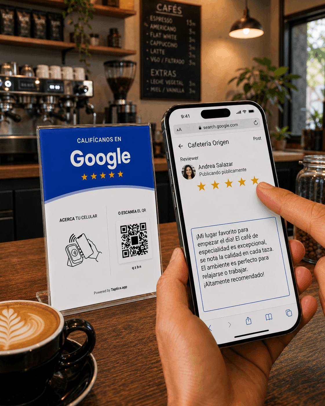 Cliente dejando una reseña de Google en una cafetería