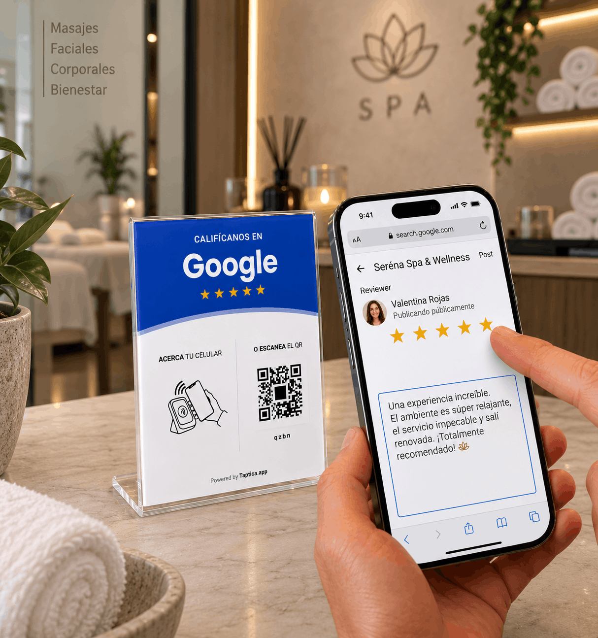 Cliente dejando una reseña de Google en un spa